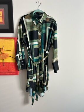 Banana Republic Green & Black Abstract Satin Shirt Dress NWT